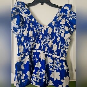 Umgee Blue and White Smocked Peplum Blouse Size Medium
